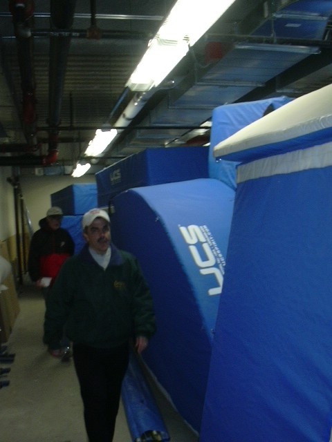 Lou Vasquez, Director of Special Events for the Armory Foundation, the group that will oversee operations at Icahn Stadium, shows off the new pole vault mats