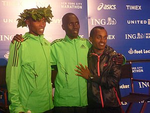 Geoffrey Mutai (l), Emmanuel Mutai and Tsegaye Kebede (r).