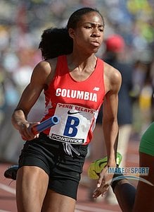 Olivia Baker runs the anchor leg on the Columbia girls 4 x 400m relay that placed fourth in the Championship of America in 3:42.49 in the 119th Penn Relays at Franklin Field.