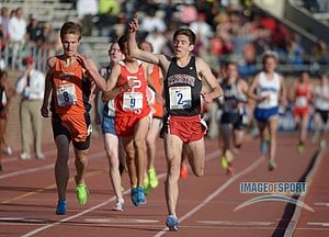 Max Norris of Harriton (2) celebrates after defeating Stephen Shine of Briarcliff (8) to win the championship boys 3,000m, 8:25.62 to 8:25.87