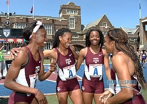 Texas A&M womens 4 x 100m relay team celebrates