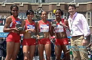 Sebastian Coe poses with US women's 4 x 800m record team. Ajee Wilson, Brenda Martinez, Lea Wallace, Alysia Montano (l-r)