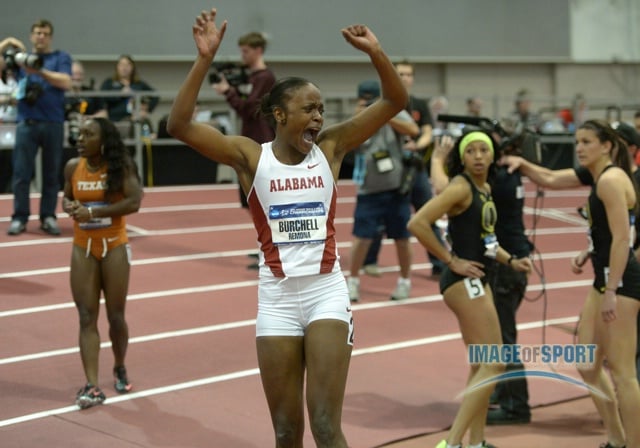 Mar 15, 2014; Albuquerque, NM, USA; Remona Burchell of Alabama celebrates after winning the womens 60m in 7.11 in the 2014 NCAA Indoor Championships at Albuquerque Convention Center.