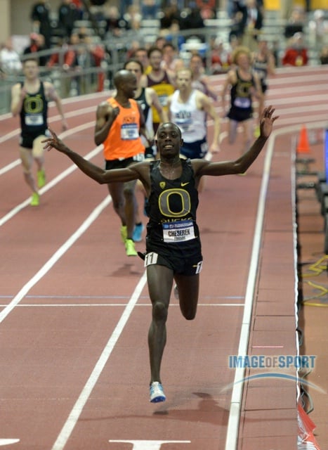 Mar 15, 2014; Albuquerque, NM, USA; Edward Cheserek of Oregon celebrates after winning the 3,000m in 8:11.59 in the 2014 NCAA Indoor Championships at Albuquerque Convention Center.