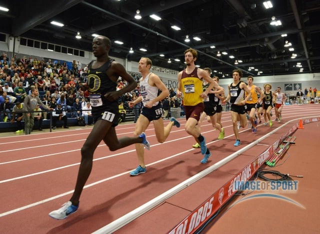 Mar 15, 2014; Albuquerque, NM, USA; Edward Cheserek of Oregon wins the 3,000m in 8:11.59 in the 2014 NCAA Indoor Championships at Albuquerque Convention Center.