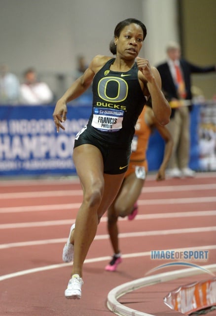 Mar 15, 2014; Albuquerque, NM, USA; Phyllis Francis of Oregon wins the womens 400m in a collegiate record 50.46 in the 2014 NCAA Indoor Championships at Albuquerque Convention Center.