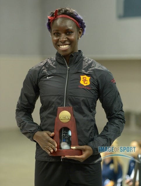 Mar 15, 2014; Albuquerque, NM, USA; Akawkaw Ndipagbor of Southern California poses on the awards podium after finishing seventh in the womens 400m in 52.88 in the 2014 NCAA Indoor Championships at Albuquerque Convention Center.