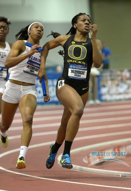 Mar 15, 2014; Albuquerque, NM, USA; Chizoba Okodogbe runs the opening leg on the Oregon womens 4 x 400m relay that won in a collegiate record 3:27.40 in the 2014 NCAA Indoor Championships at Albuquerque Convention Center.