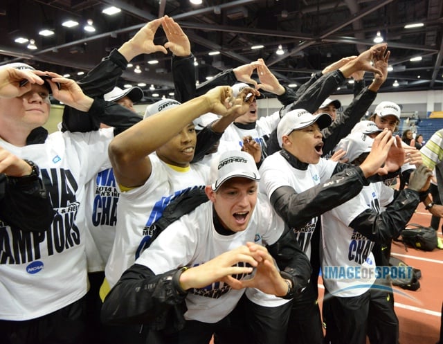 Mar 15, 2014; Albuquerque, NM, USA; Members of the Oregon Ducks mens team celebrate after winning the team title in the 2014 NCAA Indoor Championships at Albuquerque Convention Center.