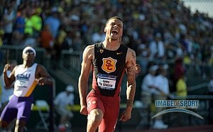 Jun 12, 2015; Eugene, OR, USA; Andre De Grasse of Southern California celebrates after winning the 200m in a wind-aided 19.58 in the 2015 NCAA Track & Field Championships at Hayward Field.