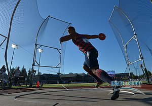 Jun 12, 2015; Eugene, OR, USA; Sam Mattis of Penn State wins the discus with a throw of 205-0 (62.48m) in the 2015 NCAA Track & Field Championships at Hayward Field.
