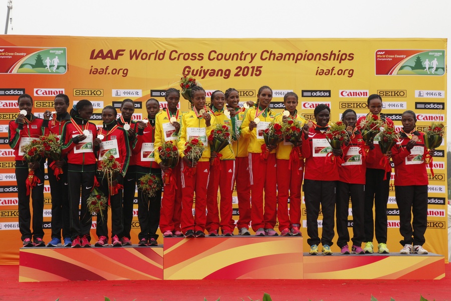Women's Medallists -  (L to R) Team of Kenya, Team of Ethiopia, Team of Uganda
 © Getty Images for IAAF