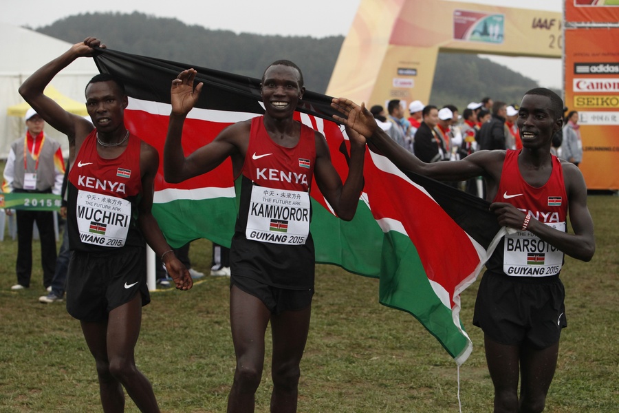 Bedan Karoki Muchiri, Geoffrey Kipsang Kamworor, and Leonard Barsoton of Keya
© Getty Images for IAAF