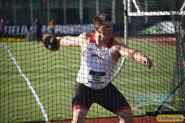 Jun 10, 2016; Eugene, OR, USA; Nicholas Percy of Nebraska wins the discus at 201-0 (61.27m) during the 2016 NCAA Track and Field championships at Hayward Field.