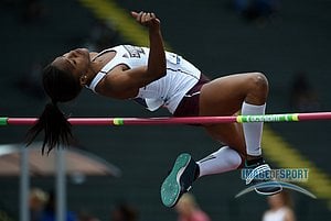 Jun 10, 2016; Eugene, OR, USA; Erica Bougard of Mississippi State clears 5-11 1/4 (1.81m) for a share of the top mark in the heptathlon high jump during the 2016 NCAA Track and Field championships at Hayward Field.