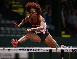 Jun 10, 2016; Eugene, OR, USA; Taliyah Brooks of Arkansas runs 13.21 in the heptathlon 100m hurdles during the 2016 NCAA Track and Field championships at Hayward Field.