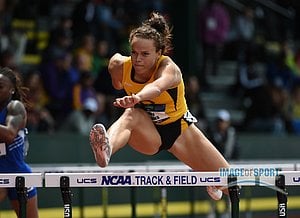 Jun 10, 2016; Eugene, OR, USA; Riley Cooks of Long Beach State runs 13.59 in the heptathlon 100m hurdles during the 2016 NCAA Track and Field championships at Hayward Field.