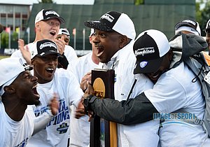 Jun 10, 2016; Eugene, OR, USA; Florida Gators coach Mike Holloway celebrates after the Gators won the men's team title during the 2016 NCAA Track and Field championships at Hayward Field.