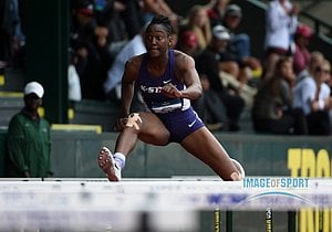 Jun 10, 2016; Eugene, OR, USA; Akela Jones of Kansas State runs 13.10 in the heptathlon 100m hurdles during the 2016 NCAA Track and Field championships at Hayward Field.