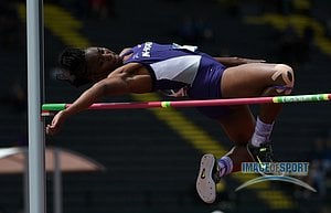 Jun 10, 2016; Eugene, OR, USA; Akela Jones of Kansas State clears 5-11 1/4 (1.81m) for a share of the top mark in the heptathlon high jump during the 2016 NCAA Track and Field championships at Hayward Field.