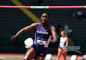 Jun 10, 2016; Eugene, OR, USA; Akela Jones of Kansas State clears 5-11 1/4 (1.81m) for a share of the top mark in the heptathlon high jump during the 2016 NCAA Track and Field championships at Hayward Field.