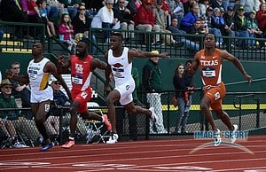 Jarrion Lawson of Arkansas (second from right) wins the 100m in 10.22.  From left: Markesh Woodson (Missouri), Cameron Burrell (Houston), Lawson and Senoj-Jay Givens (Texas).