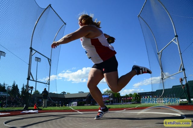 Jun 11, 2016; Eugene, OR, USA; Kelsey Card of Wisconsin wins the women's discus at 208-5 (63.52m) during the 2016 NCAA Track and Field championships at Hayward Field.
