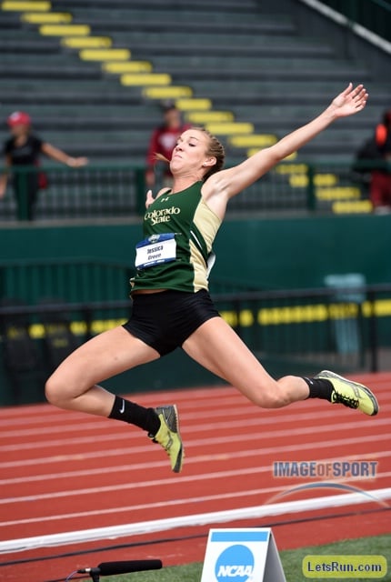 Jun 11, 2016; Eugene, OR, USA; Jessica Green of Colorado State jumps 18-0 1/2 (5.50m) in the heptathlon long jump during the 2016 NCAA Track and Field championships at Hayward Field.
