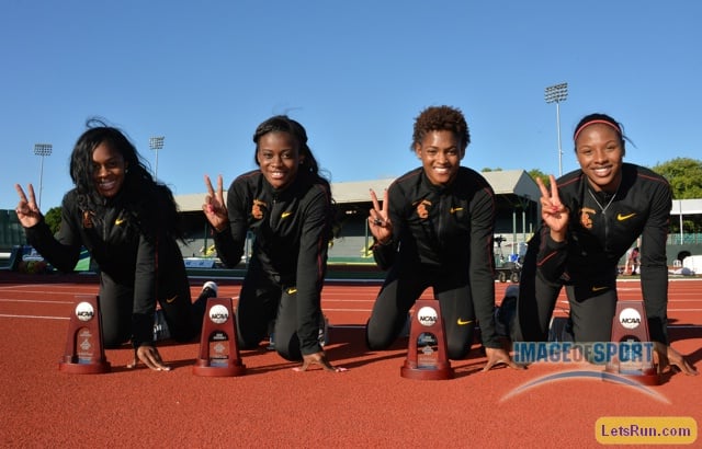Jun 11, 2016; Eugene, OR, USA; Members of the Southern California women's 4 x 100m relay team pose after finishing second in 42.90 during the 2016 NCAA Track and Field championships at Hayward Field. From left: Tynia Gaither and Alexis Faulknor and Deanna Hill and Destinee Brown.