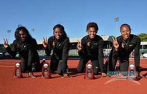 Jun 11, 2016; Eugene, OR, USA; Members of the Southern California women's 4 x 100m relay team pose after finishing second in 42.90 during the 2016 NCAA Track and Field championships at Hayward Field. From left: Tynia Gaither and Alexis Faulknor and Deanna Hill and Destinee Brown.