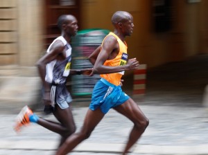 Pacemaker --and eventual winner-- Geoffrey Ronoh of Kenya leads compatriot Wilson Kipsang at the 2014 Mattoni Olomouc Half Marathon in the Czech Republic (photo courtesy of RunCzech.com)