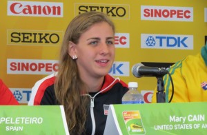 Mary Cain speaking with the media in advance of the 2014 IAAF World Junior Championships (photo by David Monti for Race Results Weekly)