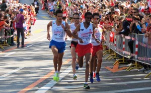 Daniele Meucci of Italy (l) with Viktor Roethlin of Switzerland, Yared Shegumo of Poland and Javier Guerra of Spain chasing leader Marcin Chabowski of Poland (not in photo) at the 21st European Championships Marathon in Zurich. Meucci would win in 2:11:08 (photo by Jane Monti for Race Results Weekly)