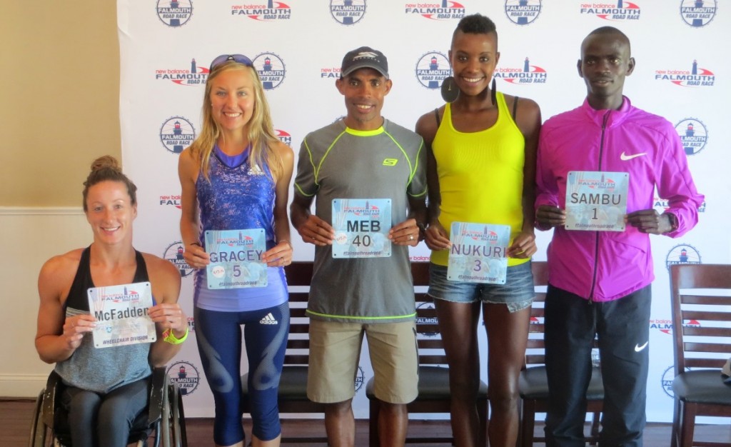 Some of the top athletes competing in the 2015 New Balance Falmouth Road Race (from left to right): Tatyana McFadden, Neely Spence Gracey, Meb Keflezighi, Diane Nukuri, Stephen Sambu (photo by Chris Lotsbom for Race Results Weekly)