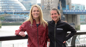 Kellyn Taylor (left) and Laura Thweatt pose in front of The Thames three days before the 2017 Virgin Money London Marathon (photo by Jane Monti for Race Results Weekly)