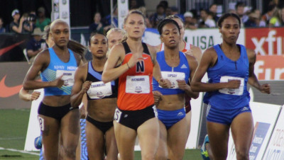 Emily Richards (center) competing in the semi-finals of the 800m at the USATF National Outdoor Track & Fiend Championships in Sacramento, Calif. (photo courtesy of Ohio Northern University Sports Information Office, used with permission)