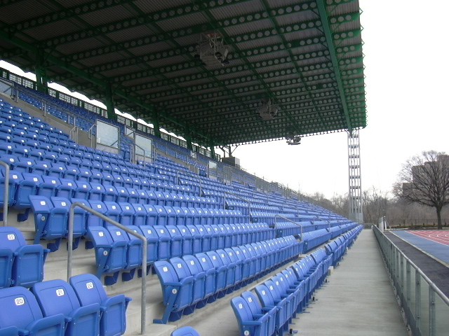 View of the stands and roof from the first row of seats
