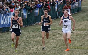 UC Davis' Jonathan Peterson, Diego Estrada of NAU, and Miles Batty of BYU