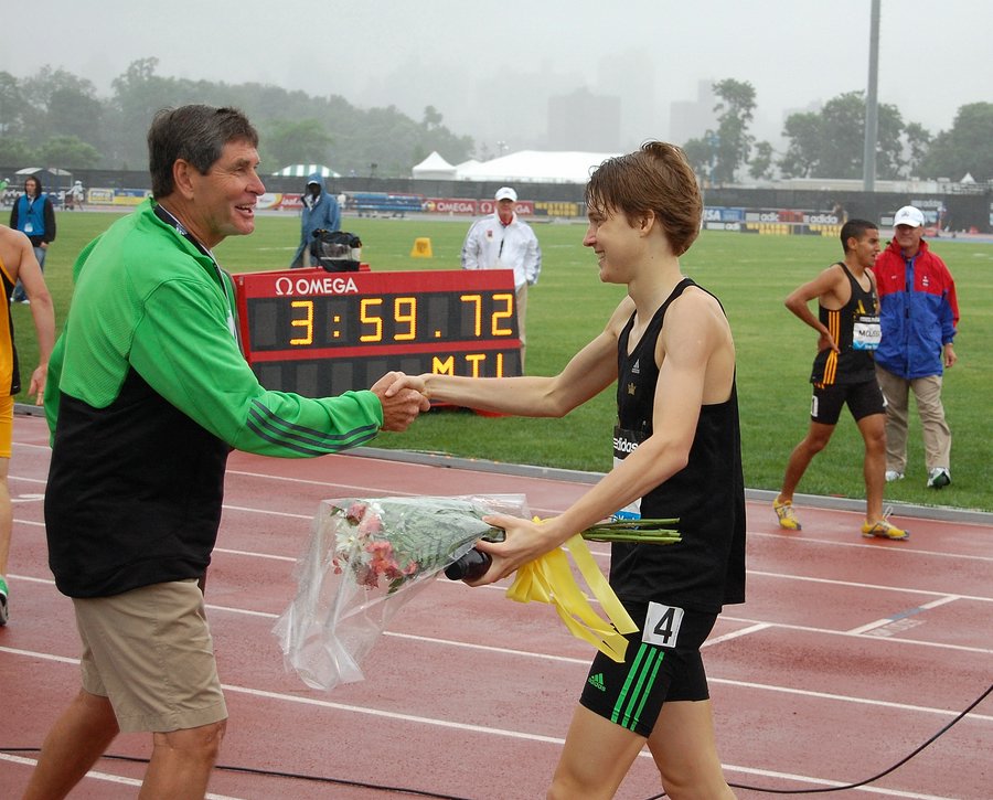 Jim Ryun Congratulates Verzbicas With 3:59 in Background