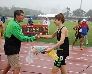 Jim Ryun Congratulates Verzbicas With 3:59 in Background