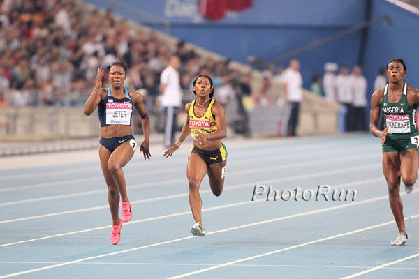 Carmelita Jeter (l) and Shelly-Ann Fraser