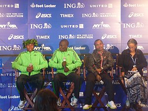 Men's top three - Geoffrey Mutai (l), Emmanuel Mutai and Tsegaye Kebede (r).