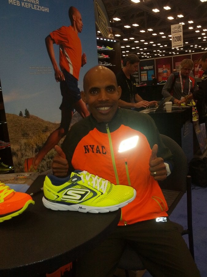 Meb Keflezighi with the Go Meb Shoe at the Skechers Booth
