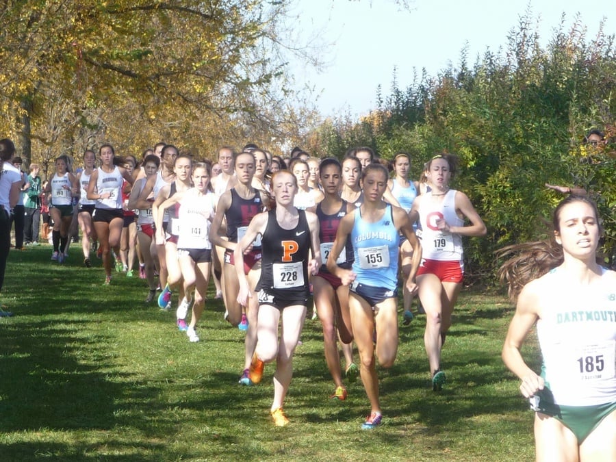 The 4 are right there less than 600 in. D'Agostino, Princeton frosh Meghan Curham (ended up fourth), Columbia's Waverly Neer (second) and Cornell's Rachel Sorna (third)