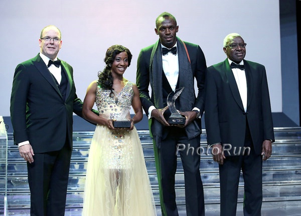 Prince Albert, Shelly-Ann Fraser-Pryce,Usain Bolt and Lamine Diack