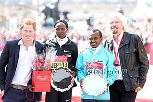 Prince Harry and Richard Branson and Priscah Jeptoo and Tsegaye Kebede 2013 Virgin London Marathon