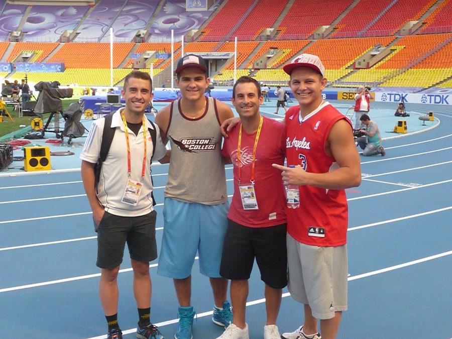 The flotrack crew with two Russian wrestlers, who the flowrestling guys know well. Theypicked us up at the train station and drove us around. The Russians are the guys dressed in the American gear including a BC shirt and American flag hat.