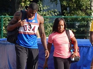 David Oliver was the one US athlete we saw at the practice track. He is jacked. From far away, we thought he was a thrower.