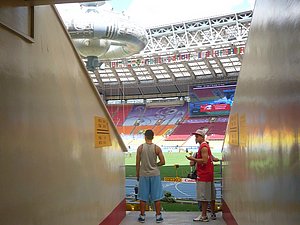 Walking into the stadium.