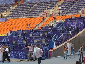 This maze is the television mixed zone that the IAAF smartly makes all of the athletes walk by to get out of the stadium.